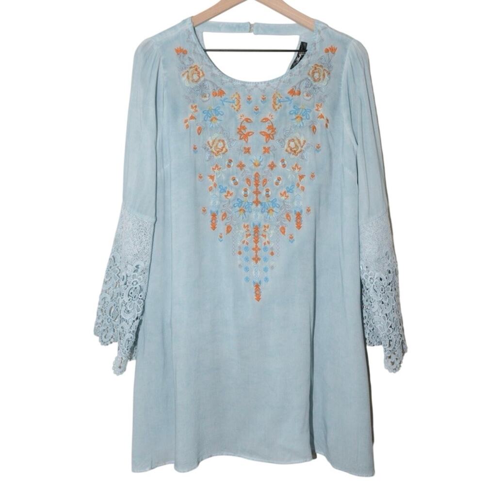 Andre By Unit Dress Women’s Sz M Blue Embroidered Floral Lined Bohemian New NWT